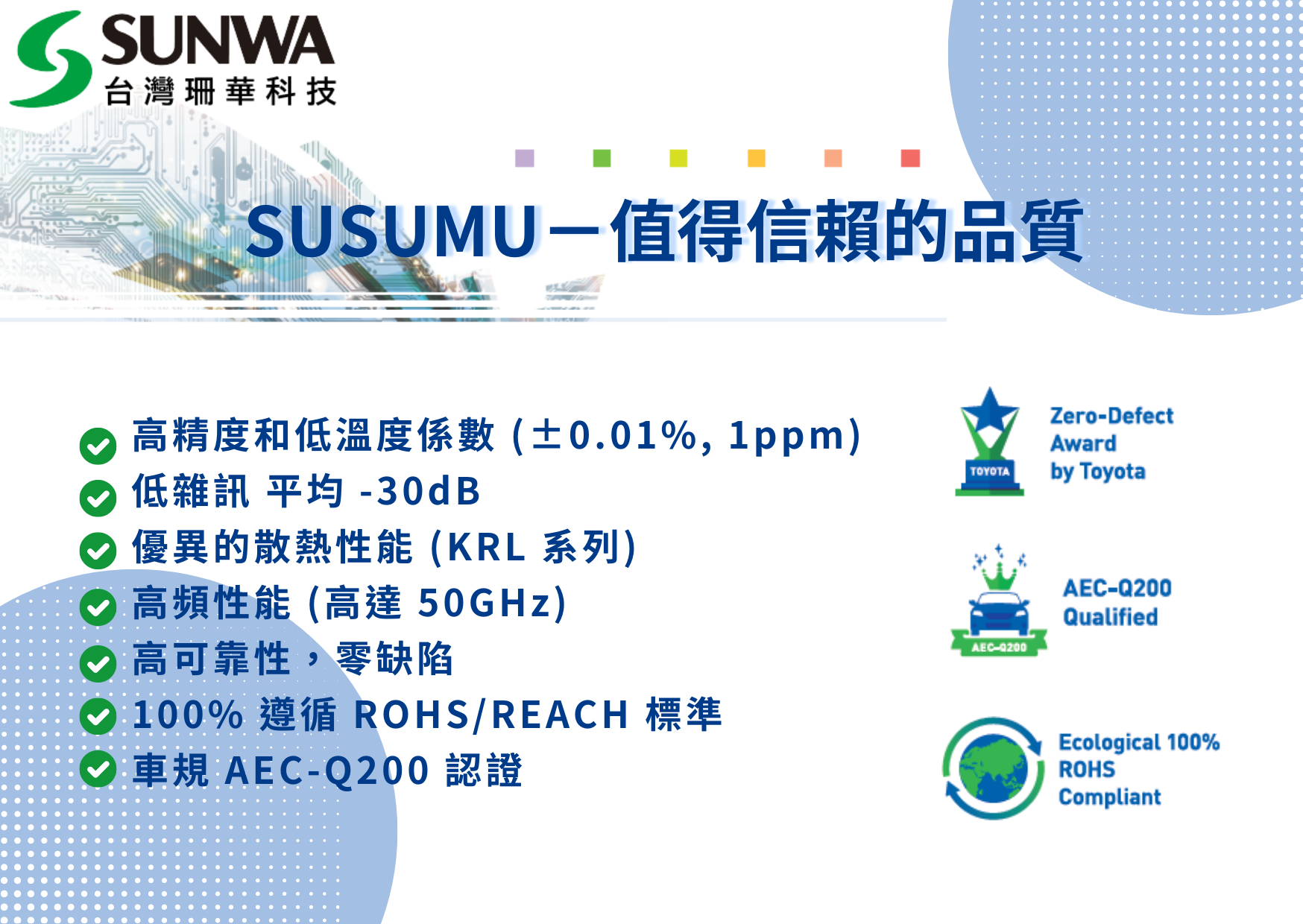 SUSUMU進工業 ☑ 高精度和低溫度係數 (±0.01%, 1ppm) ☑ 低雜訊 平均 -30dB ☑ 優異的散熱性能 (KRL 系列) ☑ 高頻性能 (高達 50GHz) ☑ 高可靠性，零缺陷 ☑ 100% 遵循 ROHS/REACH 標準 ☑ 車規 AEC-Q200 認證